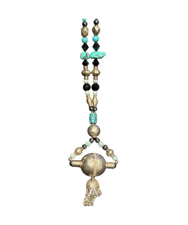 Vintage China Export Bohemian Beaded Necklace Turquoise Silver Sterling Accents