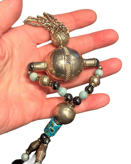 Vintage China Export Bohemian Beaded Necklace Turquoise Silver Sterling Accents