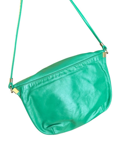 Vintage real leather 1980s Green purse Shoulder Bag Gold hardware