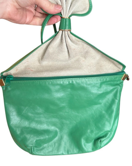 Vintage real leather 1980s Green purse Shoulder Bag Gold hardware