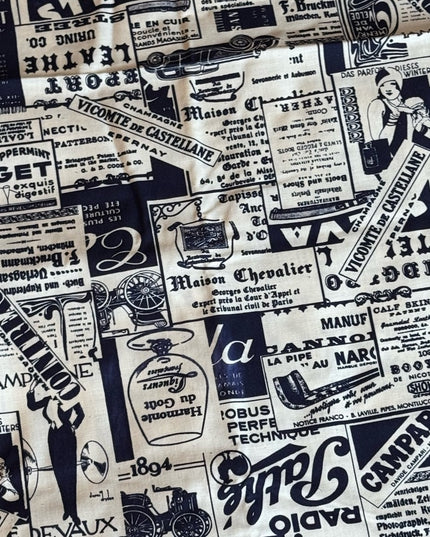 Antique Inspired Newsprint 1800s Graphic Cotton print fabric 4+ Meters Sewing