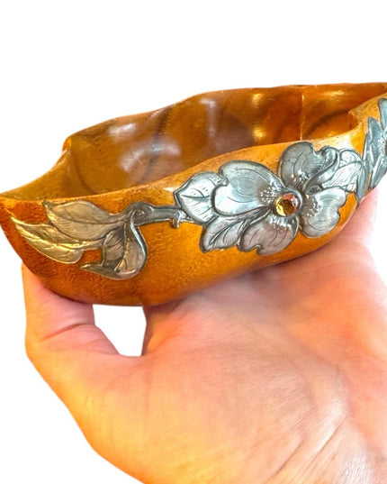 Vintage MCM Marjorie Stokes Pewter craft wood trinket dish Silver Floral Bowl