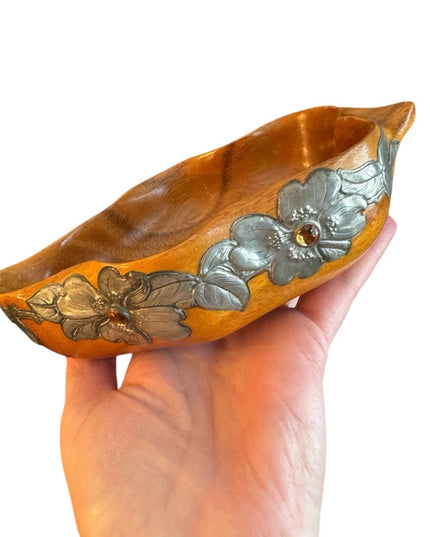Vintage MCM Marjorie Stokes Pewter craft wood trinket dish Silver Floral Bowl