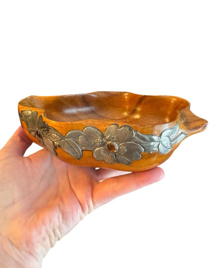 Vintage MCM Marjorie Stokes Pewter craft wood trinket dish Silver Floral Bowl
