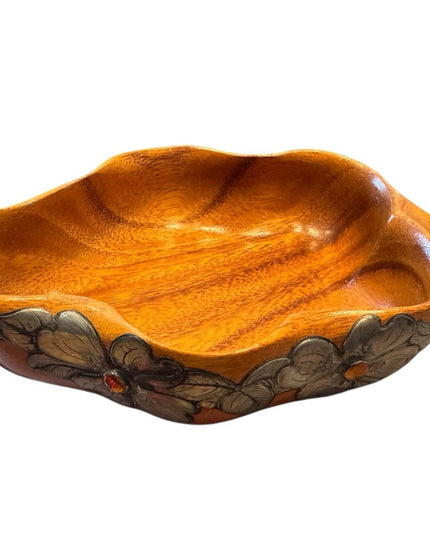 Vintage MCM Marjorie Stokes Pewter craft wood trinket dish Silver Floral Bowl