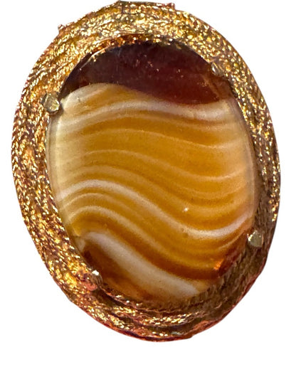 Elegant Vintage G Gold plt oval Stone like Brooch Agate Givre Glass