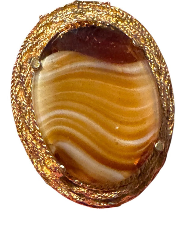 Elegant Vintage G Gold plt oval Stone like Brooch Agate Givre Glass