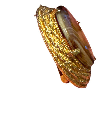 Elegant Vintage G Gold plt oval Stone like Brooch Agate Givre Glass