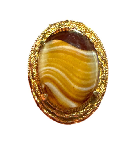 Elegant Vintage G Gold plt oval Stone like Brooch Agate Givre Glass