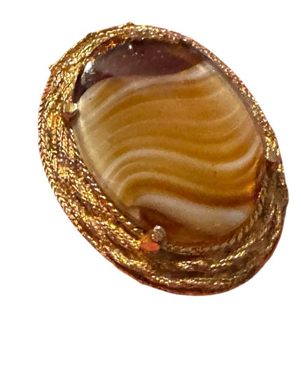 Elegant Vintage G Gold plt oval Stone like Brooch Agate Givre Glass