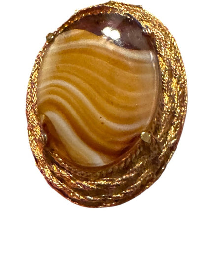 Elegant Vintage G Gold plt oval Stone like Brooch Agate Givre Glass