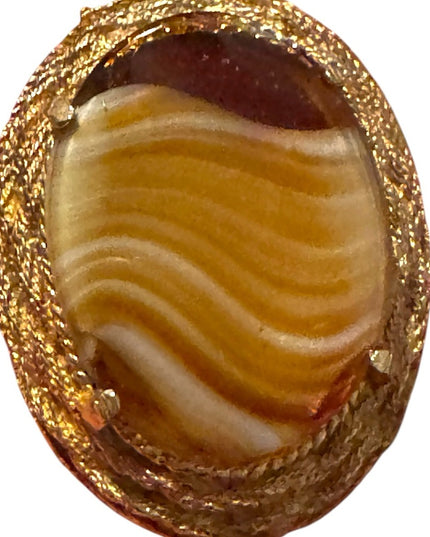 Elegant Vintage G Gold plt oval Stone like Brooch Agate Givre Glass