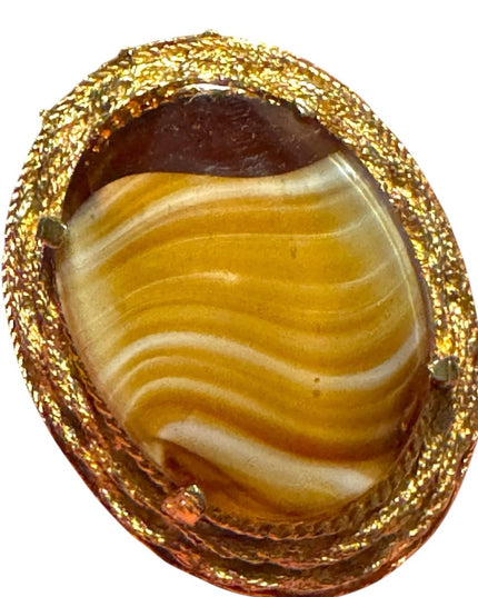 Elegant Vintage G Gold plt oval Stone like Brooch Agate Givre Glass
