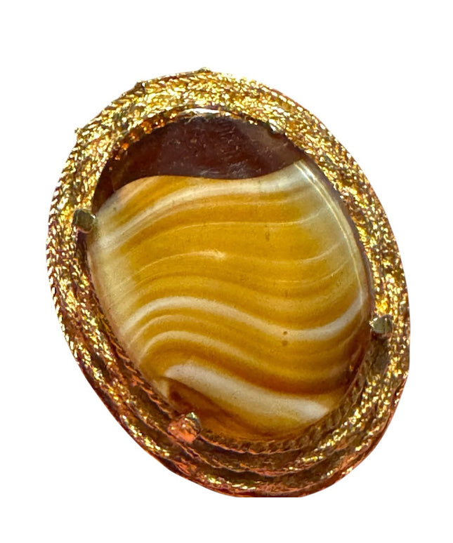 Elegant Vintage G Gold plt oval Stone like Brooch Agate Givre Glass