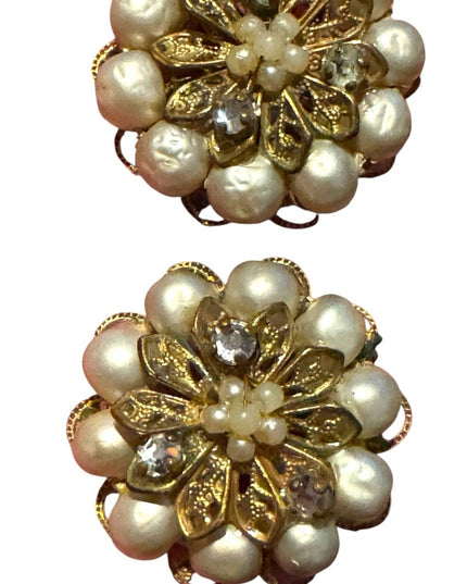 Elegant Vintage Gold finish and White faux pearl Floral Earrings