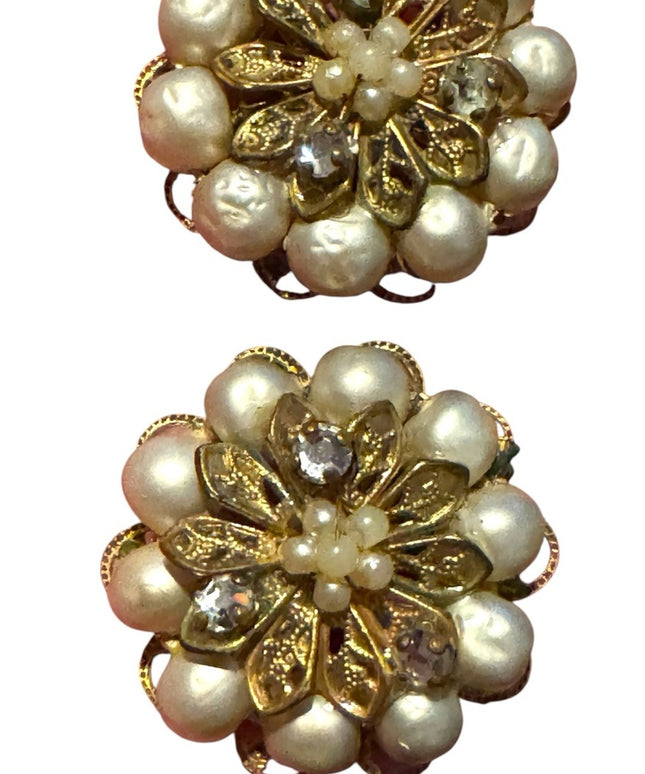 Elegant Vintage Gold finish and White faux pearl Floral Earrings