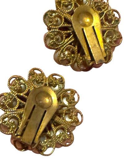 Elegant Vintage Gold finish and White faux pearl Floral Earrings