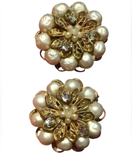 Elegant Vintage Gold finish and White faux pearl Floral Earrings
