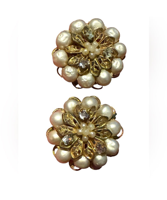 Elegant Vintage Gold finish and White faux pearl Floral Earrings