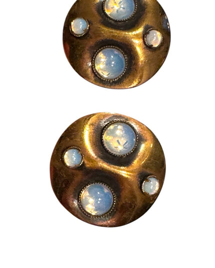 Vintage Gold brassy faux Opal modernist 1960s groovy riund clip on Earrings