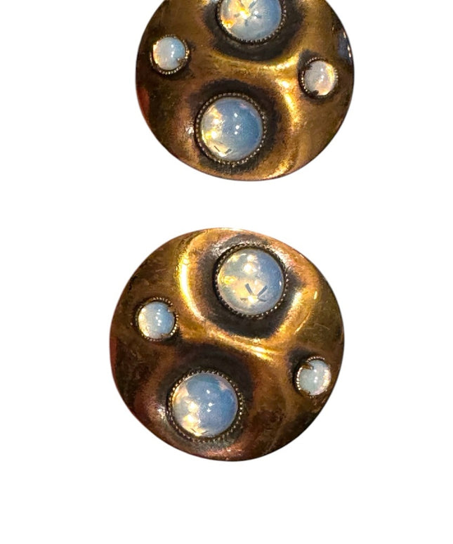 Vintage Gold brassy faux Opal modernist 1960s groovy riund clip on Earrings
