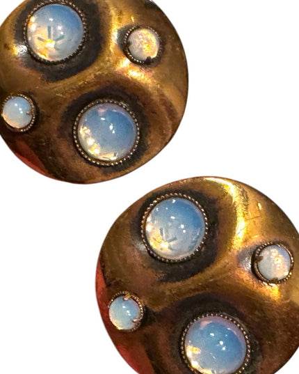 Vintage Gold brassy faux Opal modernist 1960s groovy riund clip on Earrings