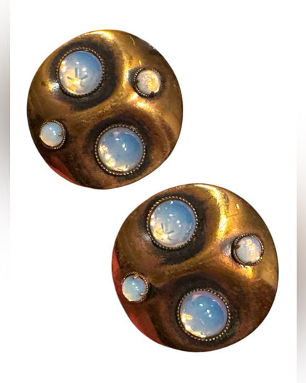 Vintage Gold brassy faux Opal modernist 1960s groovy riund clip on Earrings