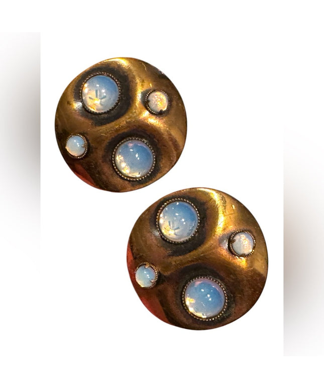 Vintage Gold brassy faux Opal modernist 1960s groovy riund clip on Earrings