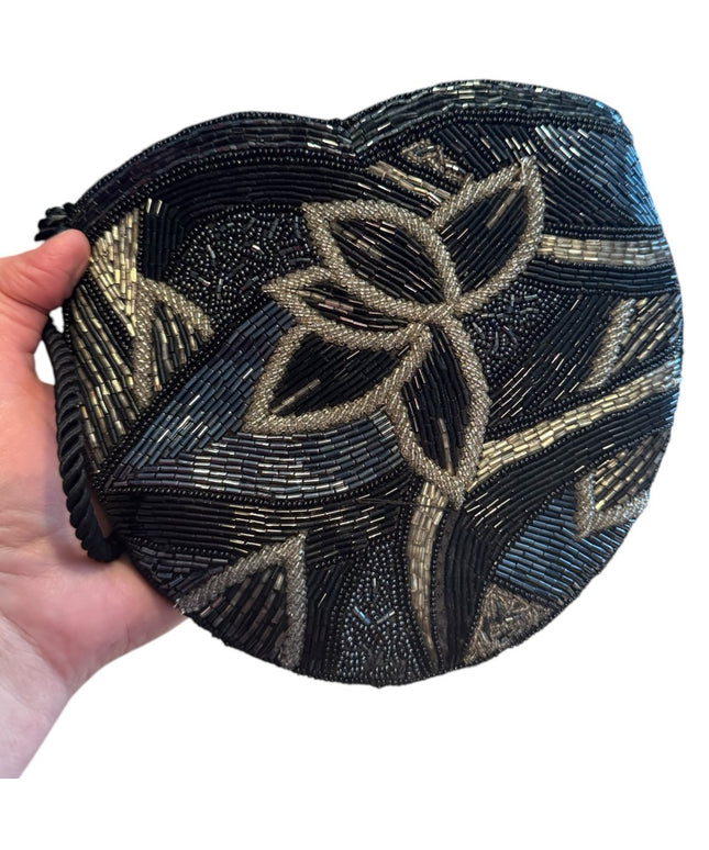 Vintage Art Deco Micro Beaded Purse. Silver & Black. Long shoulder Strap