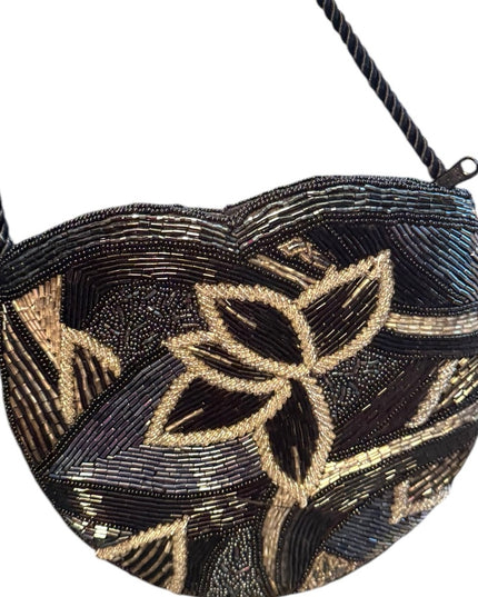 Vintage Art Deco Micro Beaded Purse. Silver & Black. Long shoulder Strap