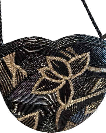 Vintage Art Deco Micro Beaded Purse. Silver & Black. Long shoulder Strap