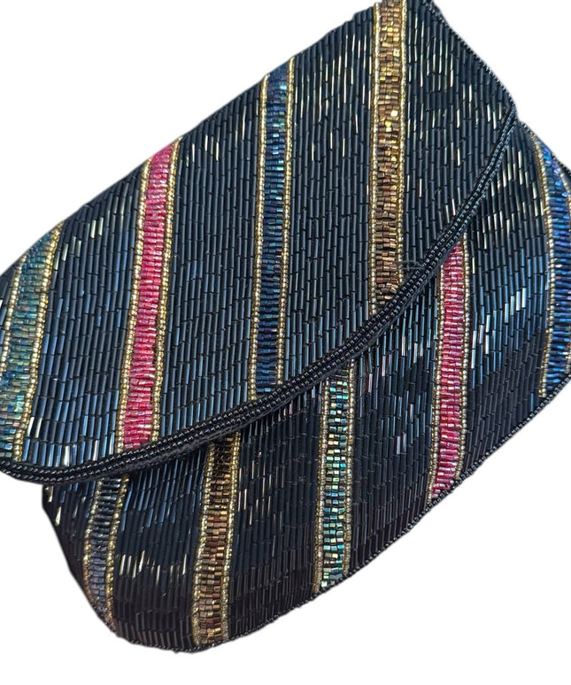 Vintage 1980s Elegant Black Colorful micro bead Gold accent Clutch