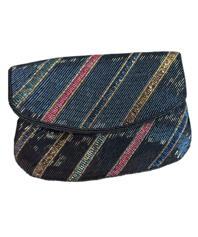 Vintage 1980s Elegant Black Colorful micro bead Gold accent Clutch