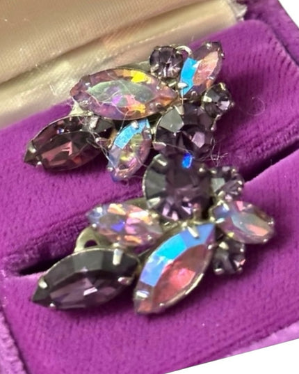 Vintage mid century AB purple crystal SHERMAN authentic clip on earrings