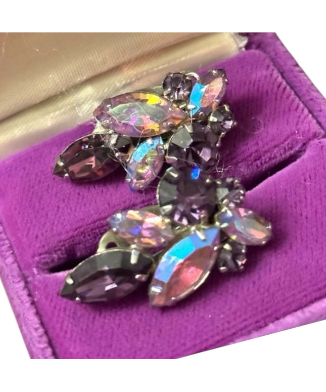 Vintage mid century AB purple crystal SHERMAN authentic clip on earrings
