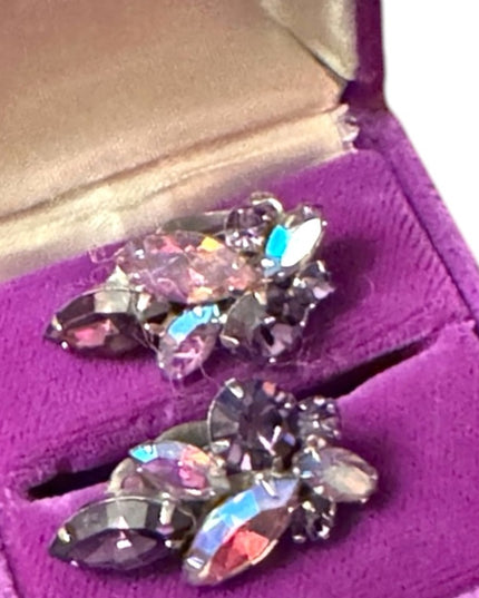Vintage mid century AB purple crystal SHERMAN authentic clip on earrings