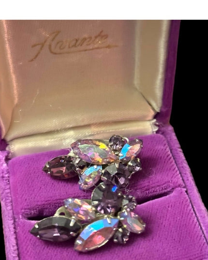 Vintage mid century AB purple crystal SHERMAN authentic clip on earrings
