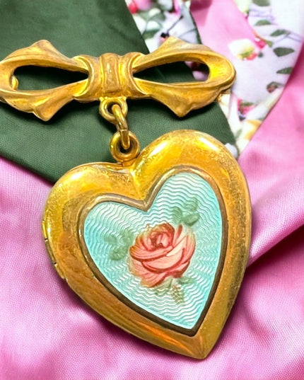 CVintage GF Gold filled Guilloche Enameld flower heart locket brooch pendant