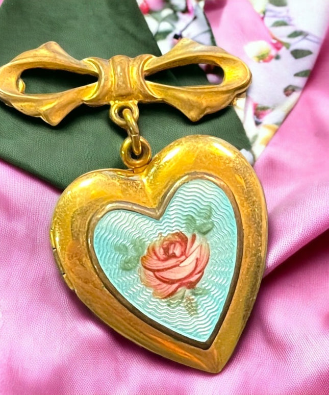CVintage GF Gold filled Guilloche Enameld flower heart locket brooch pendant