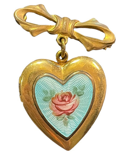 CVintage GF Gold filled Guilloche Enameld flower heart locket brooch pendant