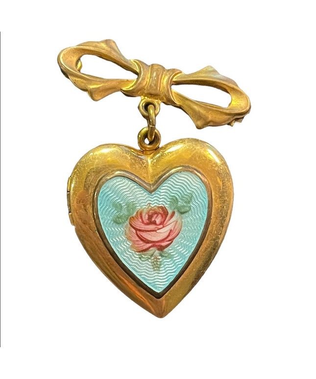 CVintage GF Gold filled Guilloche Enameld flower heart locket brooch pendant