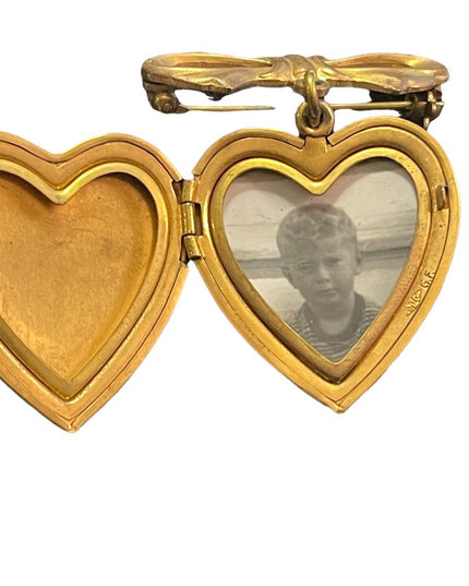 CVintage GF Gold filled Guilloche Enameld flower heart locket brooch pendant