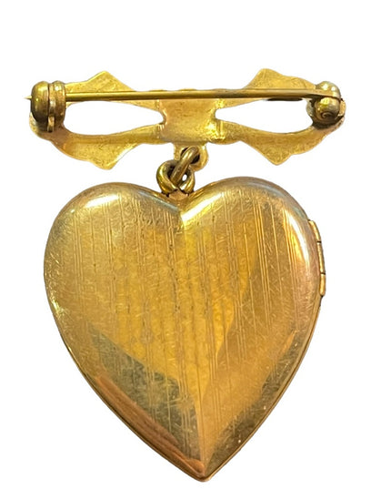 CVintage GF Gold filled Guilloche Enameld flower heart locket brooch pendant