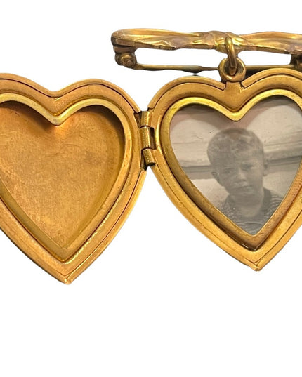 CVintage GF Gold filled Guilloche Enameld flower heart locket brooch pendant