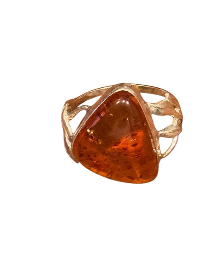 Vintage Russian Baltic Sterling Silver 925 Amber Triangle Ring in Gold Setting