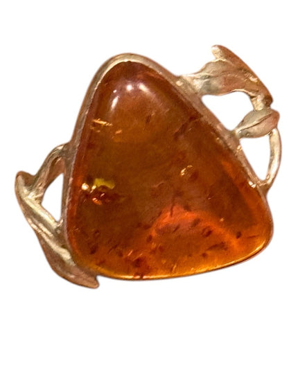Vintage Russian Baltic Sterling Silver 925 Amber Triangle Ring in Gold Setting