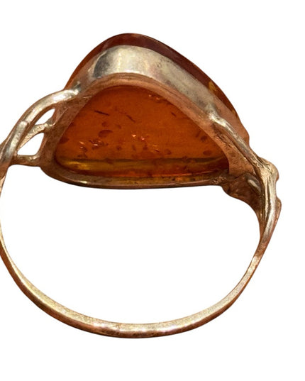 Vintage Russian Baltic Sterling Silver 925 Amber Triangle Ring in Gold Setting