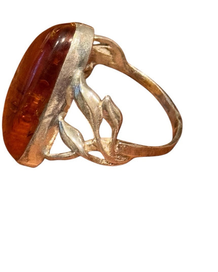 Vintage Russian Baltic Sterling Silver 925 Amber Triangle Ring in Gold Setting