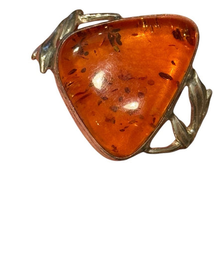 Vintage Russian Baltic Sterling Silver 925 Amber Triangle Ring in Gold Setting