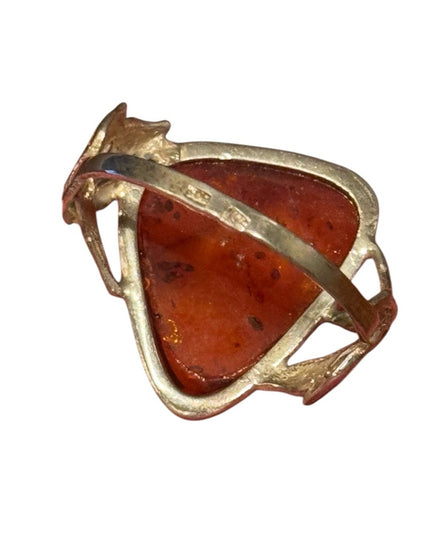 Vintage Russian Baltic Sterling Silver 925 Amber Triangle Ring in Gold Setting